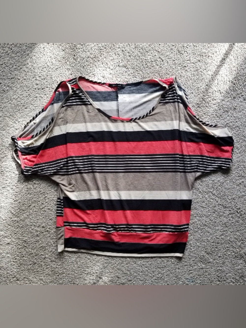 Striped Cold-Shoulder Women’s Top in Coral, Black & Gray